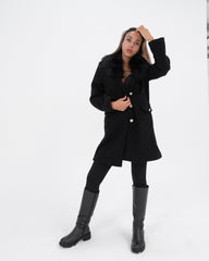 Cappotto nero donna con collo pelo ecologico made in Italy