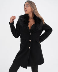 Cappotto nero donna con collo pelo ecologico made in Italy